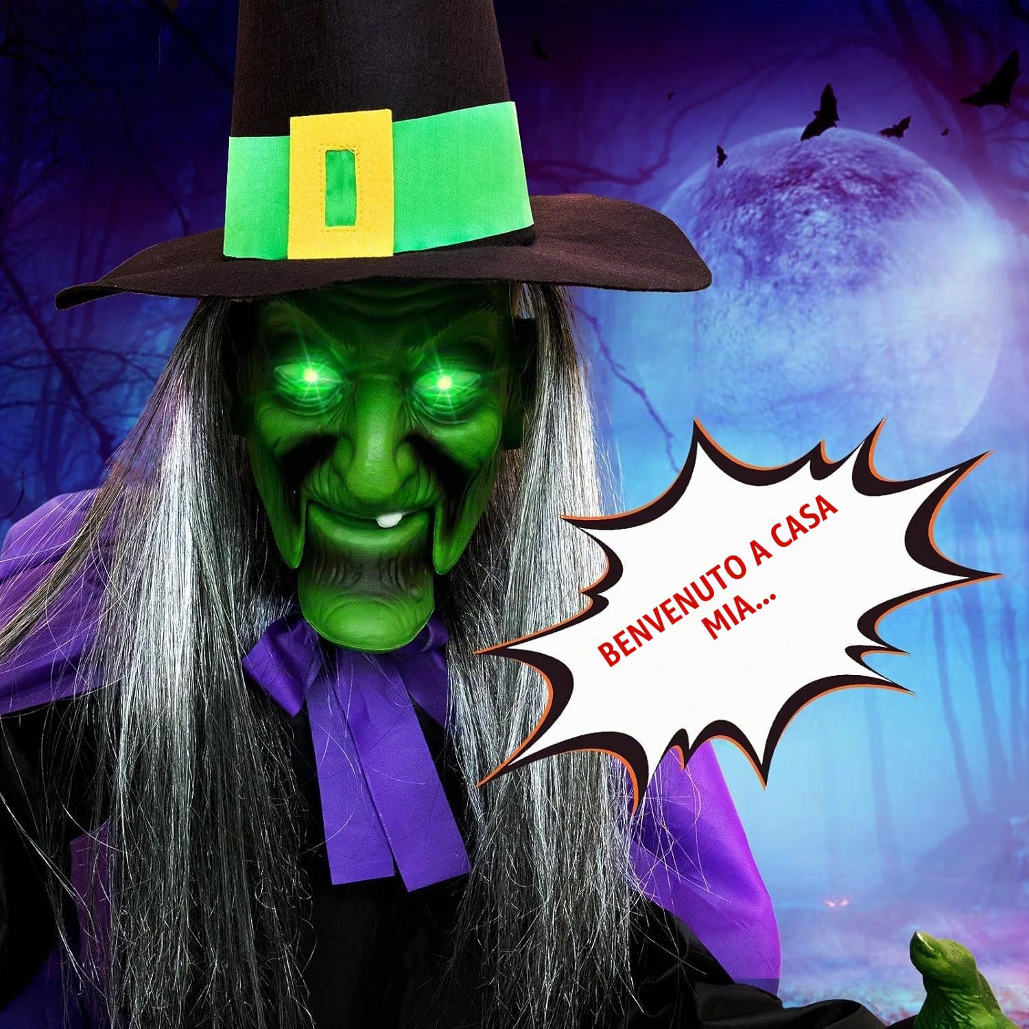 Decorazioni di Halloween per esterni, 200 cm, strega animata in bilico Animatronics, sensore attivato dal suono e dal tocco, oggetti di scena spaventosi per la casa, esterni, giardino, cortile, prato