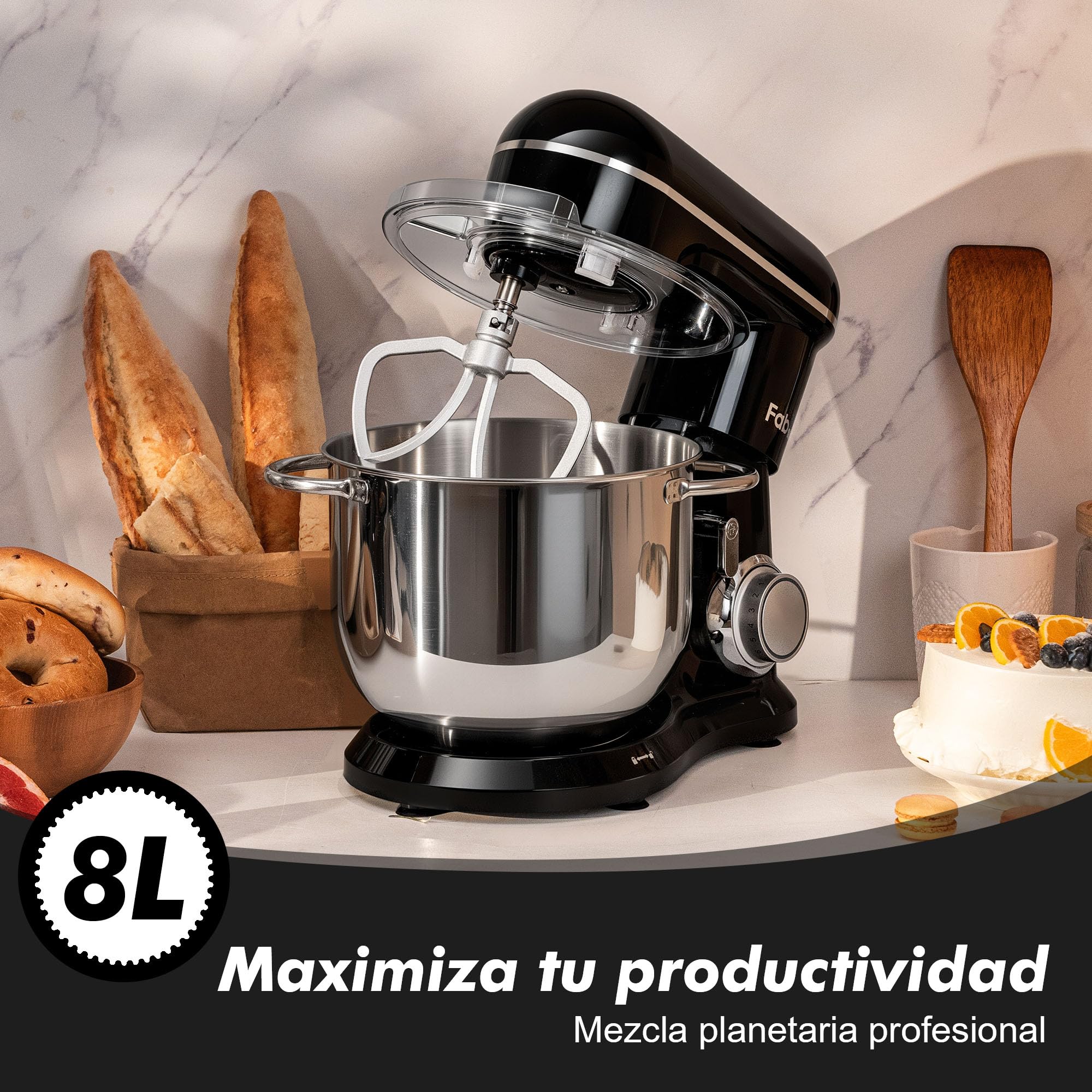 Fab Batidora Amasadora Profesional 8L 2000W, Amasadora de Pan y Repostería, Robot de Cocina Alta Capacidad con 10 Velocidades, Incluye 3 Accesorios, para Uso Intensivo en Hogares,Kitchen in the box