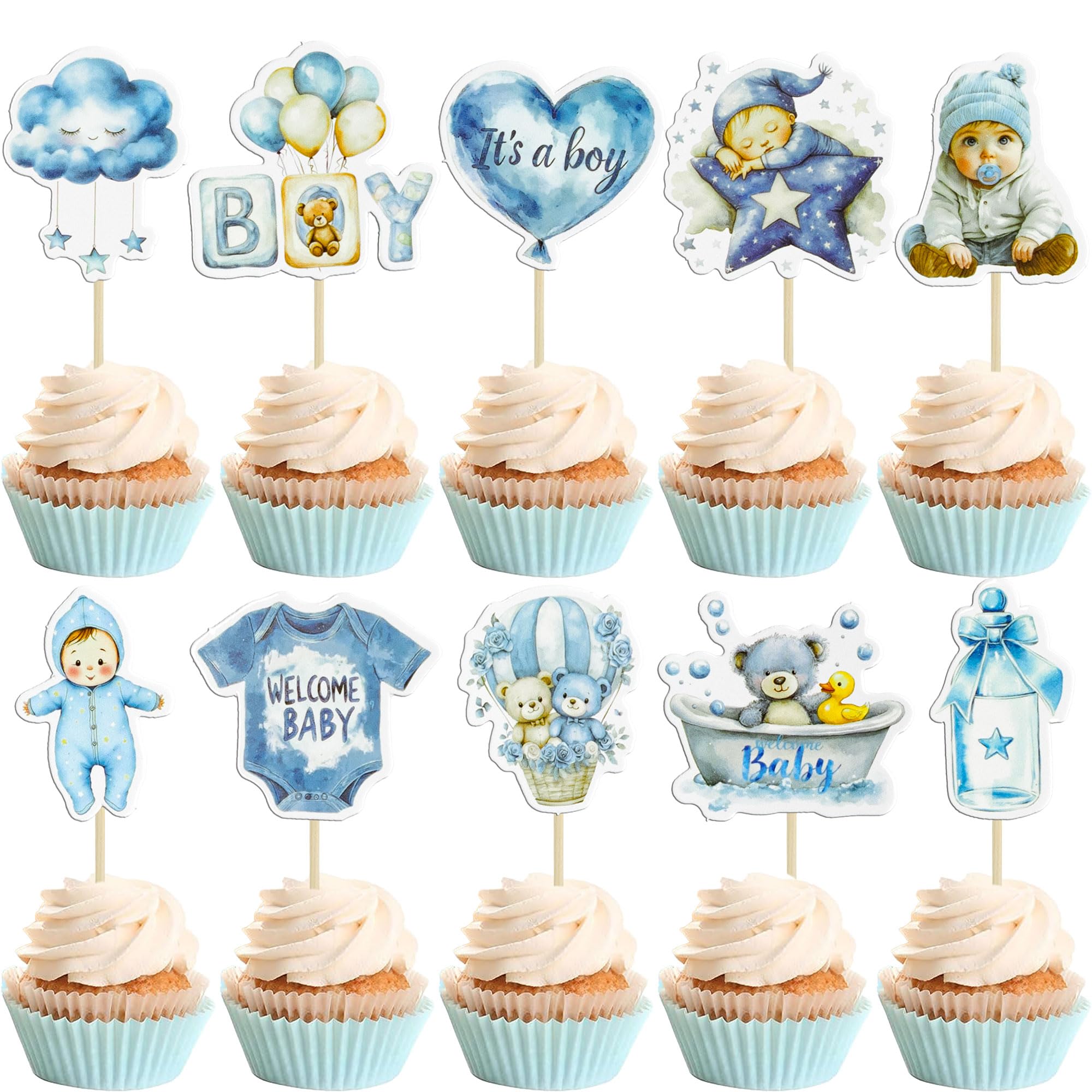 Gyufise 40Pcs Baby Boy Cupcake Toppers Baby Shower Decorations for Boys Balloon Star Moon Bear It's a Boy Cupcake Picks for Baby Shower Kids Boys Birthday Party Supplies Deep Blue
