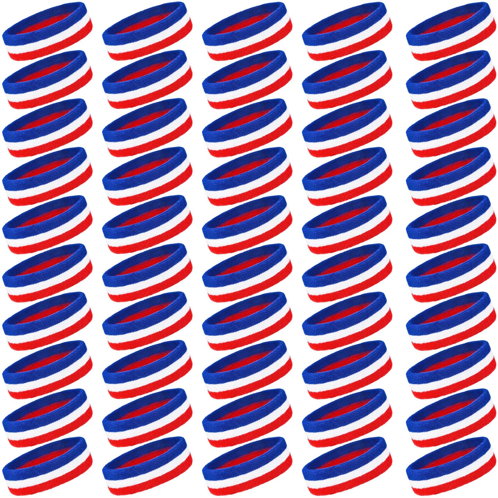 Crowye 60 fasce per il sudore sportive, traspiranti, in spugna, elastiche, per palestra, allenamento, calcio, corsa (rosso, bianco, blu)