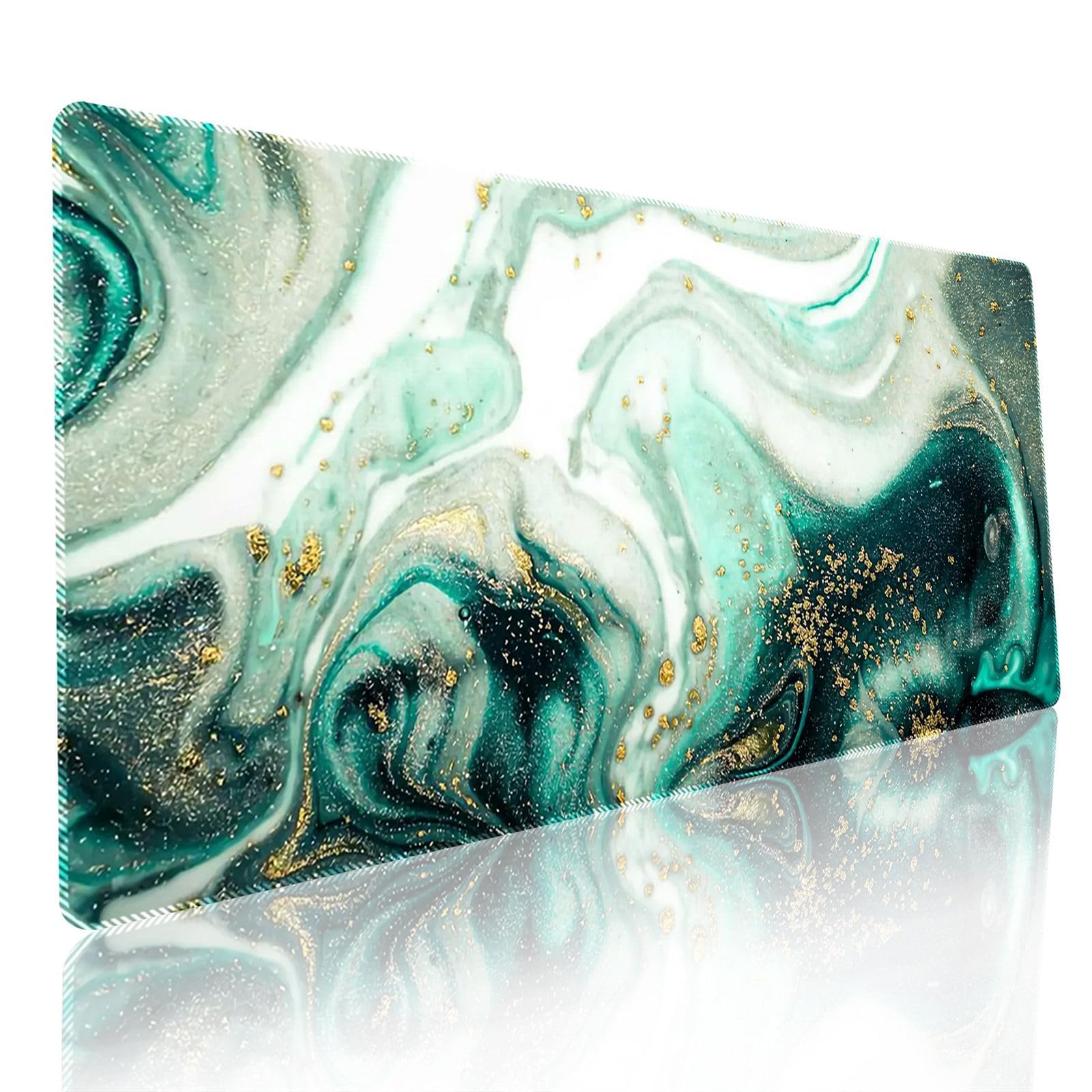 Large Long Gaming Mouse Pad - Marble Stone Grain Desk Mat with Non Slip Rubber Base Washable for Home Office Work (Green＋Marble, 400x900mm)