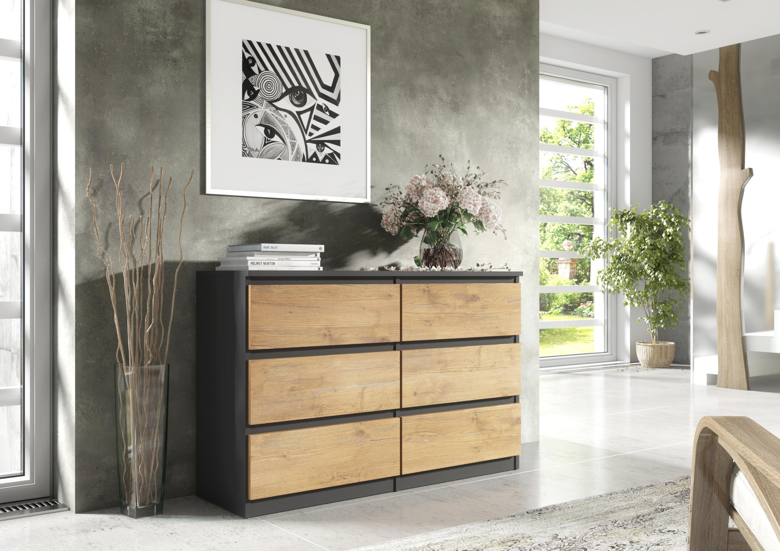 meble masztalerz Komoda Antracyt/Lancelot 120 cm Matowa z 6 szufladami - 120x78,5x39 cm - Komoda do salonu, sypialni - Szafka z szufladami - Komoda z szufladami | Szafa komodowa 120 x 78, 5 x 39 cm, nowoczesna szafa z szufladami, kredens do salonu, przedp