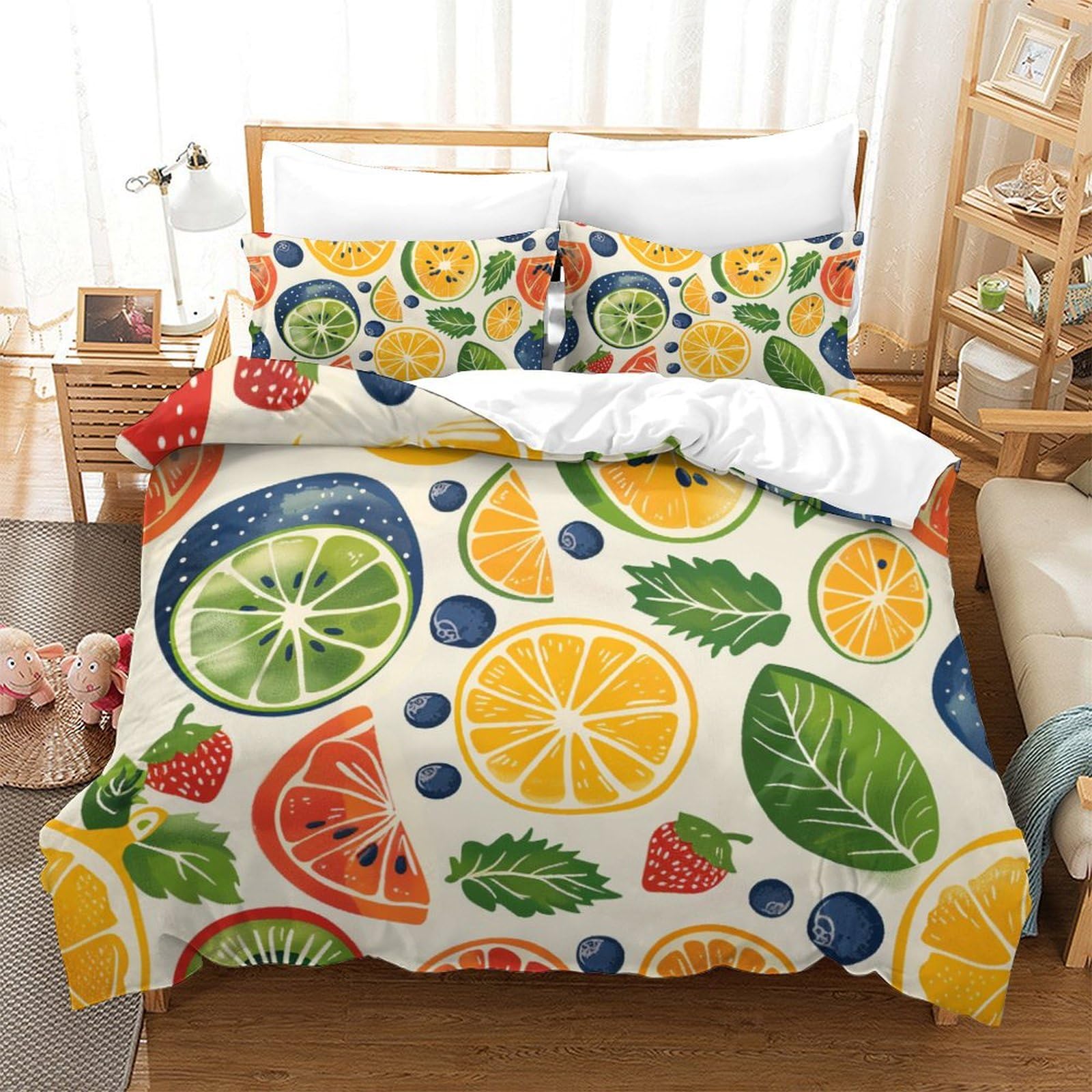 Housse de couette fruits 3D 260x220 cm avec taie d'oreiller pour lit super king