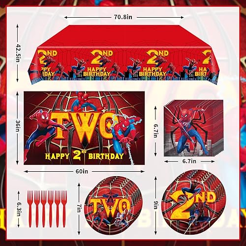 Miniatura 3 de Spidey - Juego de suministros para fiesta de cumpleaños, decoración de fiesta de segundo cumpleaños de araña y vajilla que incluye platos, pancarta