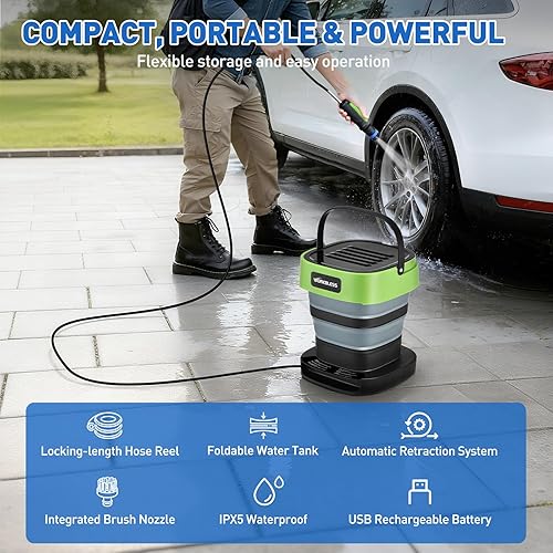 Miniatura 2 de Pulverizador eléctrico inalámbrico, rociador de agua portátil con tanque de agua de 3.2 galones, carrete de manguera de rebobinado automático,