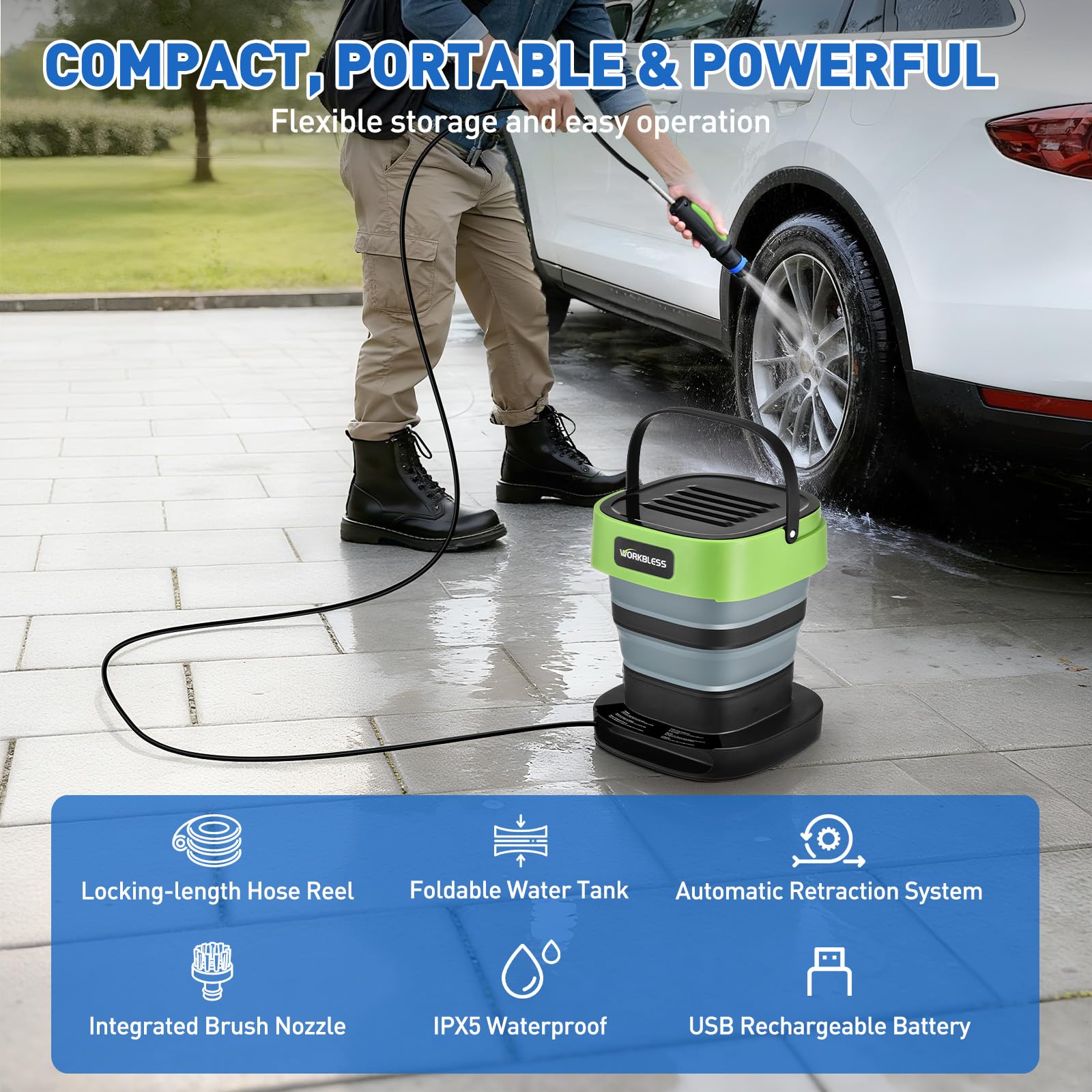 Limpiador de alta presión portátil con depósito de agua de 12 litros, batería portátil de alta presión, 2000 mAh, lavadora móvil para terraza, ducha de camping y limpieza de mascotas