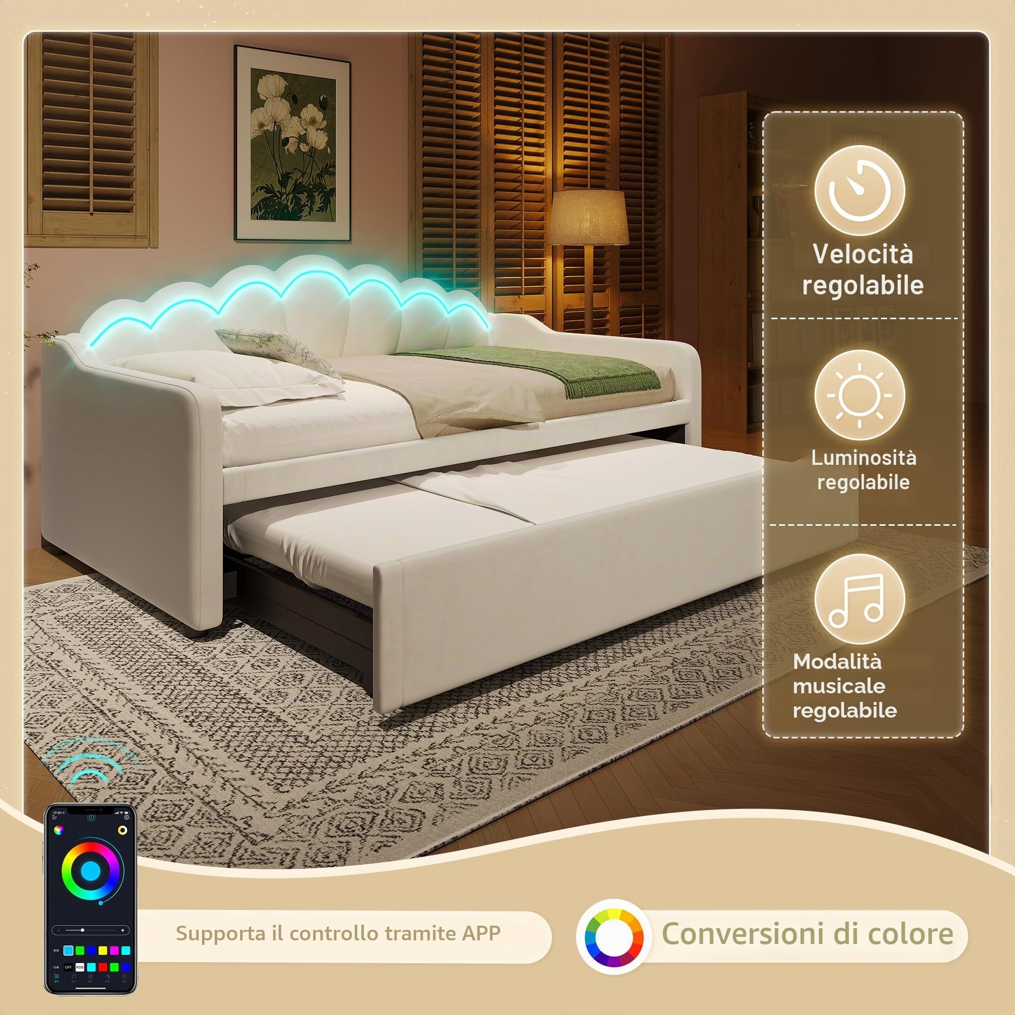 Soweiz - Divano letto con letto estraibile, letto singolo (senza materasso), letto matrimoniale, in velluto, con striscia LED che cambia colore, 90x200 cm (180x200 cm) (Beige)