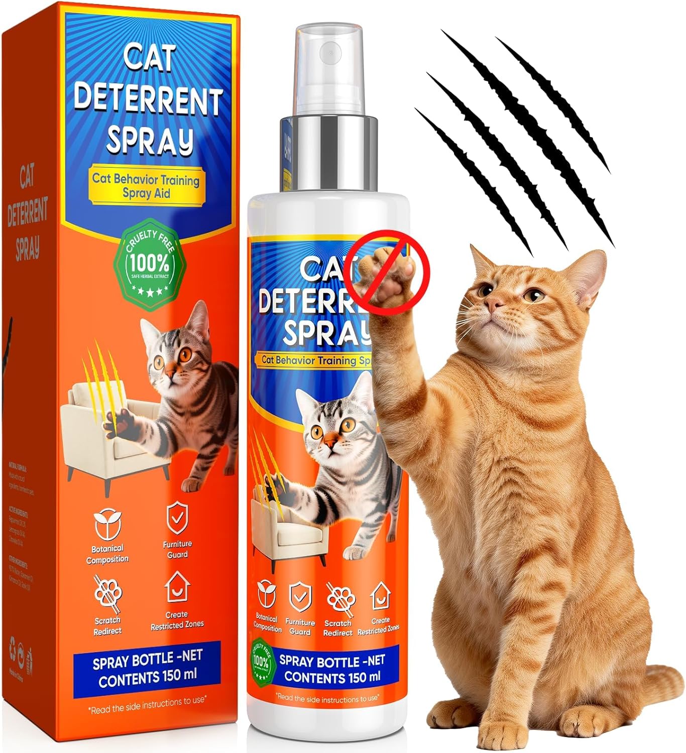 Cat Deterrent Spray - Cat Deterrent for Furniture Protection, Pee Spraying, Excessive Chewing & Scratching Everywhere - Use Indoor and Outdoor, Pet-Safe Formula, 150 ML