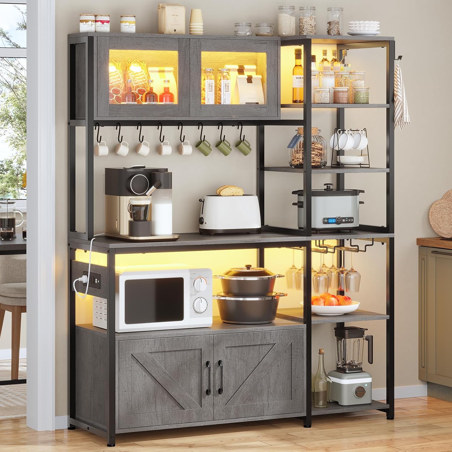 Itaar Bakers Rack with Power Outlet and LED Light, 45.3 Inch Farmhouse Coffee Bar Cabinet, Kitchen Microwave Stand with Storage, Glass Cabinet, Goblet Holder and 8 Hooks (Grey)