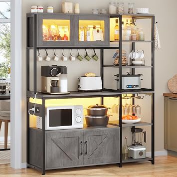 Itaar Bakers Rack with Power Outlet and LED Light, 45.3 Inch Farmhouse Coffee Bar Cabinet, Kitchen Microwave Stand with Storage, Glass Cabinet, Goblet Holder and 8 Hooks Grey