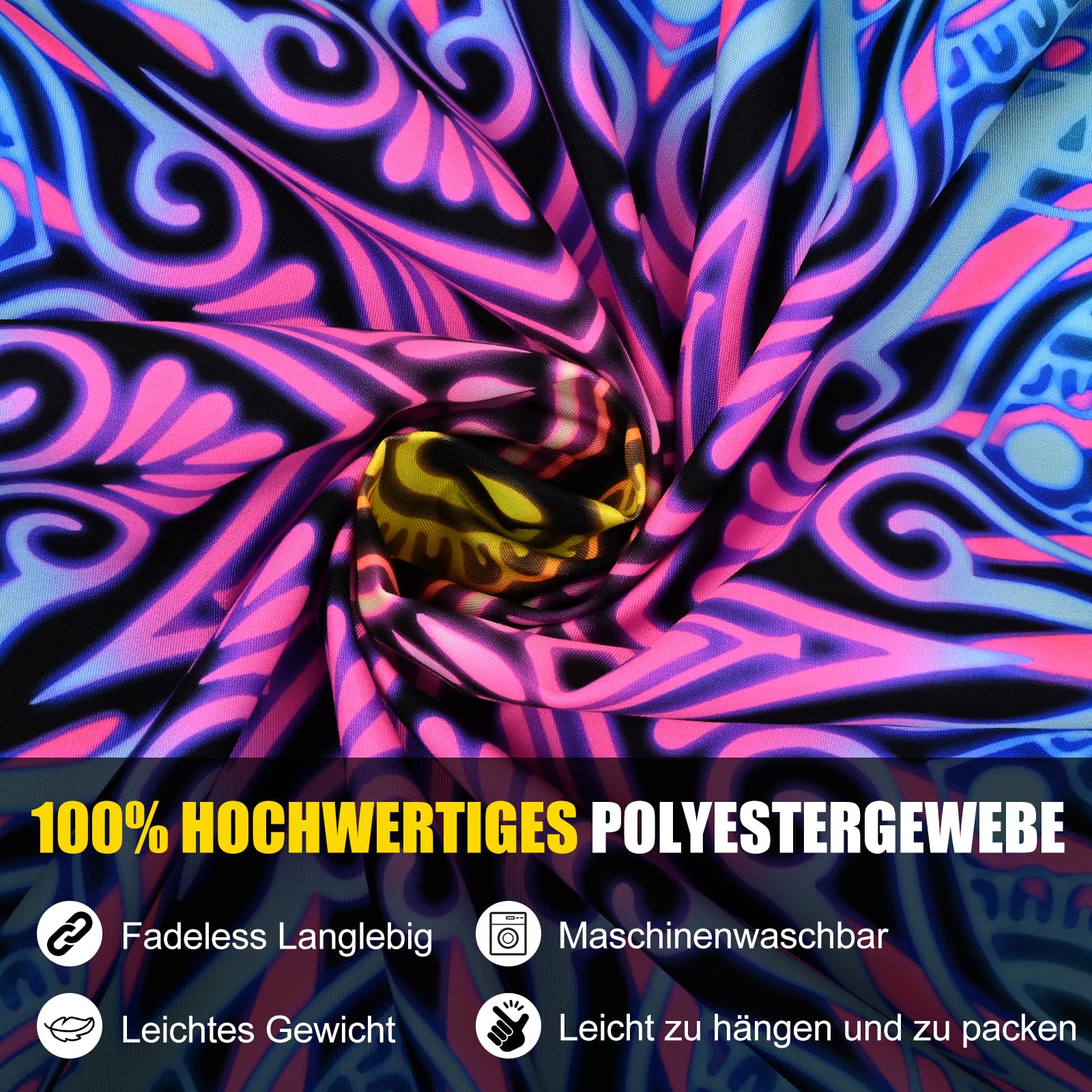 Alishomtll Czarno-kolorowy, dywan ścienny w stylu boho, mandala, reaktywna na promieniowanie UV, psychodeliczny hipisowski dywan ścienny, dekoracja domu, do sypialni, na imprezę, 210 x 150 cm