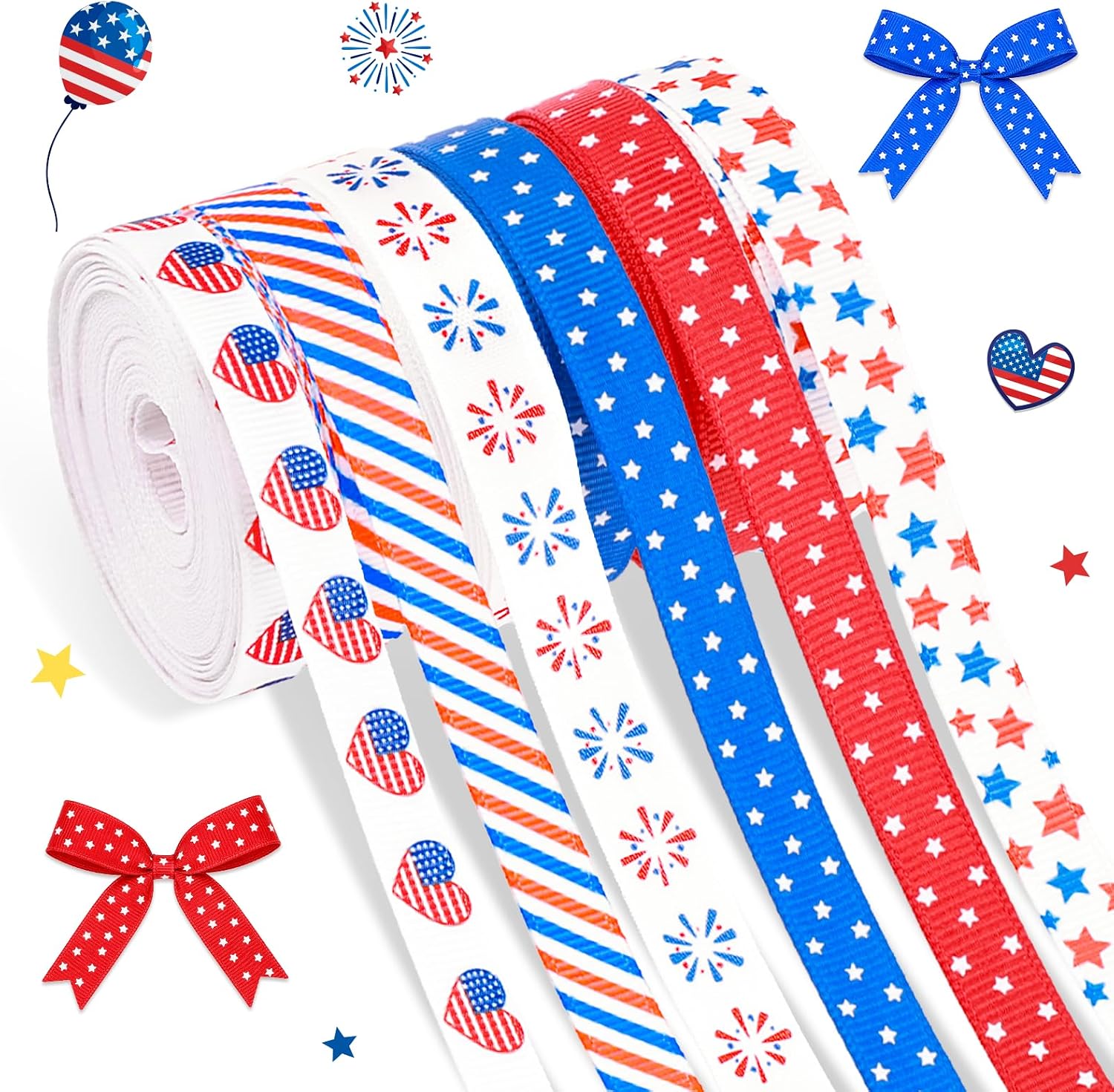 30 Yards Patriotic Red White and Blue Ribbons, 6 Rolls 3/8" Wide 4th of July Ribbon American Flags Decor for Wreath Crafts, Bow, Gift Wrap, Party Supplies, Memorial Fourth of July President's Day