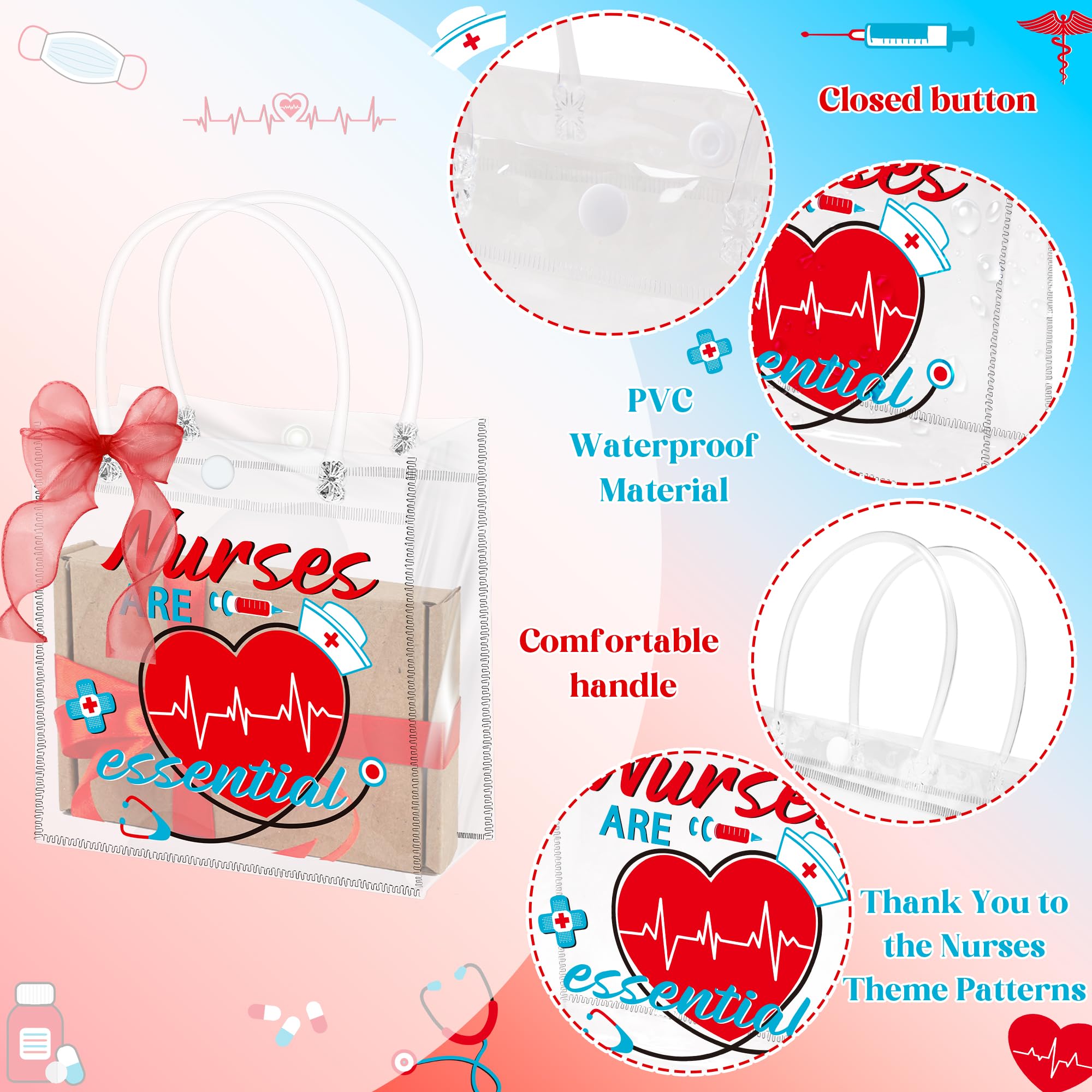 H1vojoxo Nurse Appreciation Gift Bags - 24PCS Nurse Clear PVC Gift Bags with Red Bow Ribbon Nurses Week Thank You Gifts Bag with Handles for Medical Assistant Healthcare Workers Best Nurses Ever