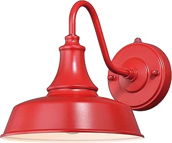VAXCEL Dorado 9 in. H 1-Light Red and White Dusk to Dawn Sensor Farmhouse Outdoor Wall Sconce, Gooseneck Steel Shade, LED Compatible, Dark Sky Compliant for Exterior Porch Patio Front Door or Garage