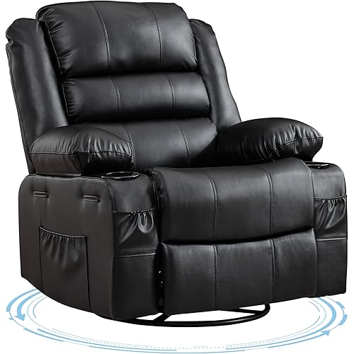 Rocking Recliner Chair for Adults, Oversized 360° Swivel Rocker Recliner with Cup Holder, Nursery Glider with Upholstered Deep Seat PU Leather Comfy Single Sofa for Living Room