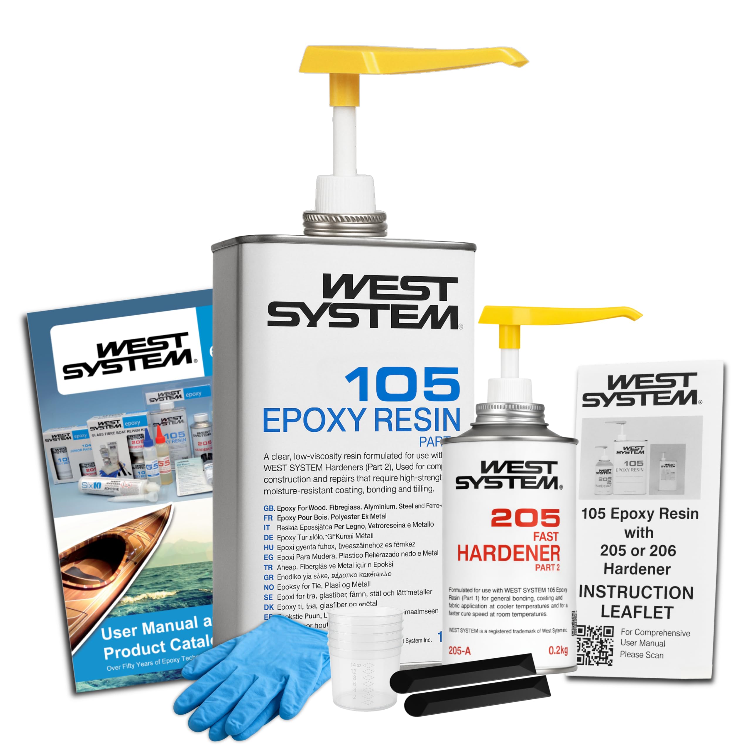 WEST SYSTEM Epoxy Resin & Hardener Starter Pack - 105/205 Pack - Marine Grade Epoxy for Wood, Metal & Fibreglass, Suitable for Outdoor Use, Furniture & DIY – Ideal for Polyester Surfaces & Gap Filling