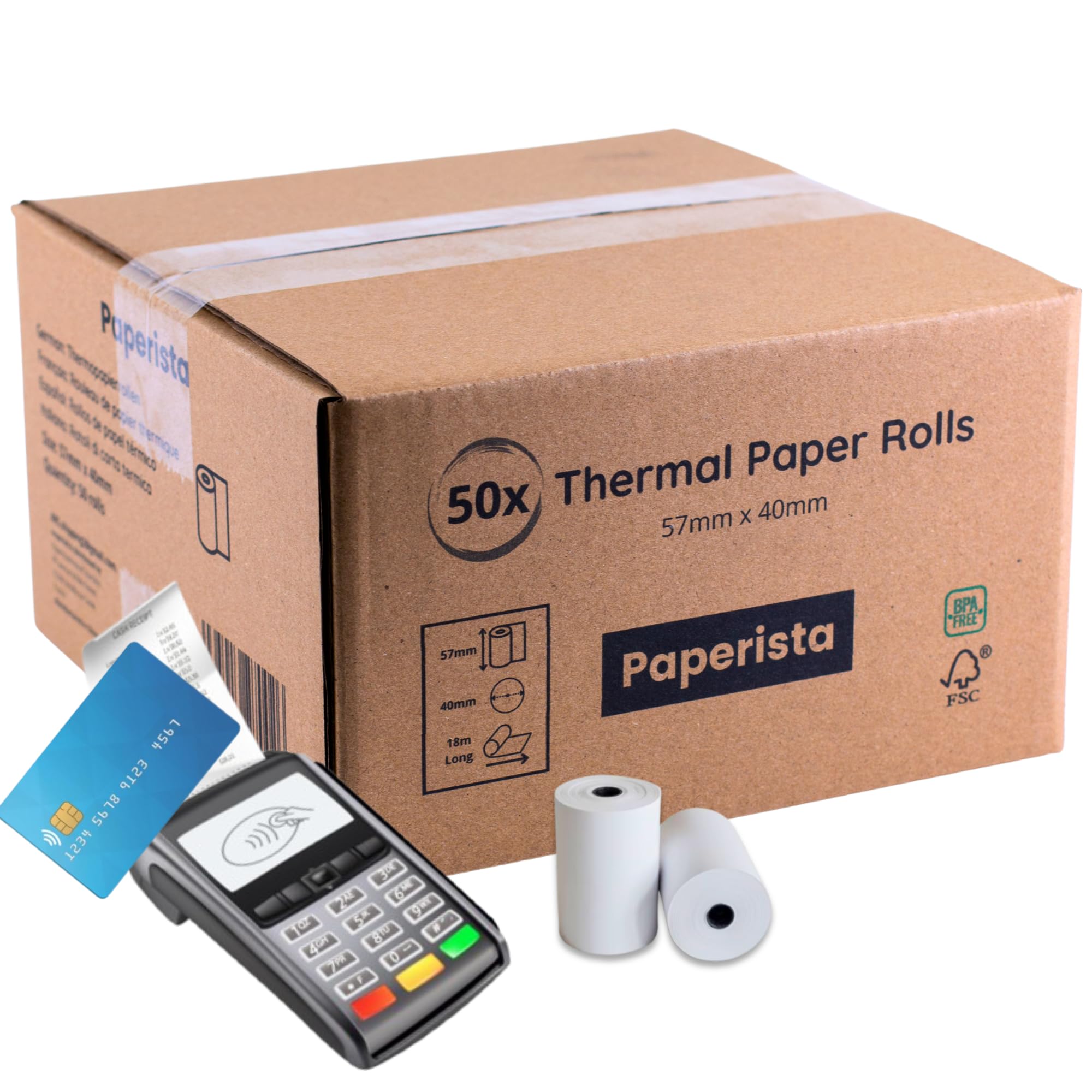 Lot de 50 rouleaux TPE 57x40 mm | Rouleau TPE carte bancaire compatible avec les terminaux Ingenico, Verifone, SumUp | Papier thermique CB 18 m | Haute qualité, Éco FSC, sans BPA