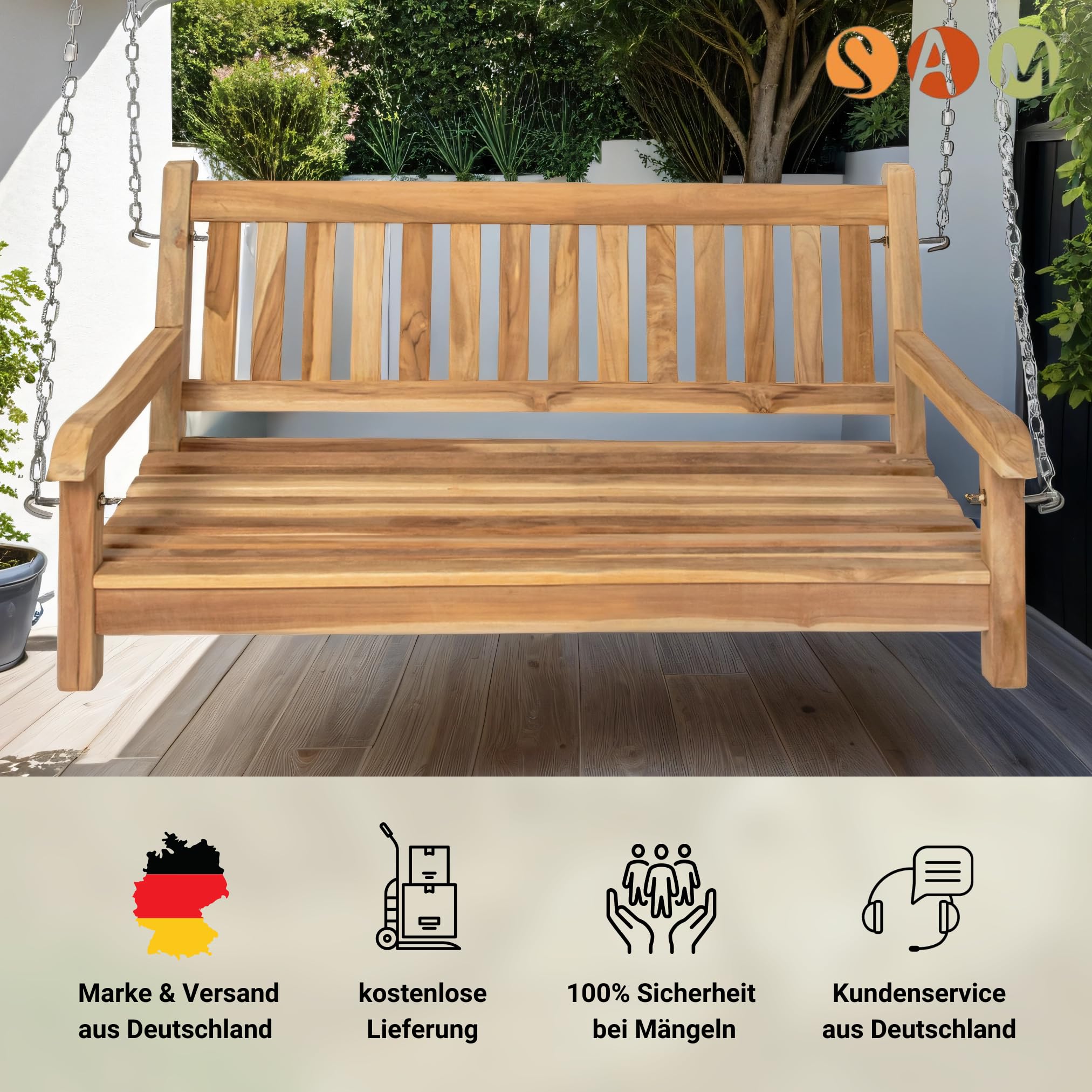 SAM 2-Sitzer Gartenschaukel Susana, hängende Bank 120 cm, Teakholz massiv, Schaukelbank für den Garten, pflegeleichtes Unikat