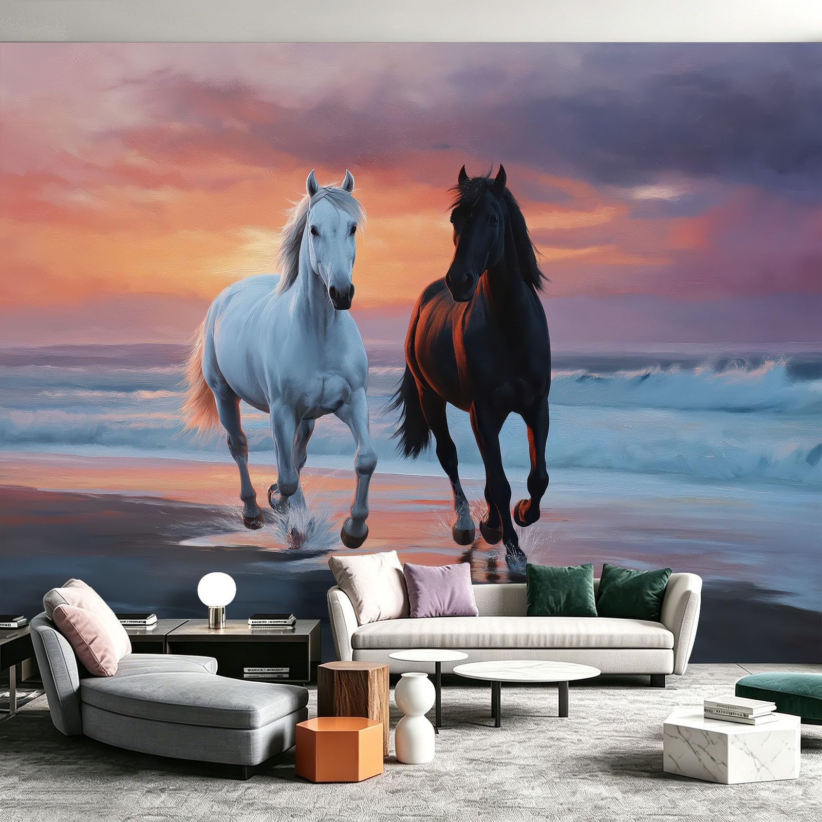 Vlies Fototapete Landschaftsmalerei Natürliche Harmonie 350x256 cm Braunes Pferd Sonnenuntergang Strand Foto Tapete für Büro Hauptwand Wohnzimmer Dekoration Sportclub - Vliestapete Wand Dekoration