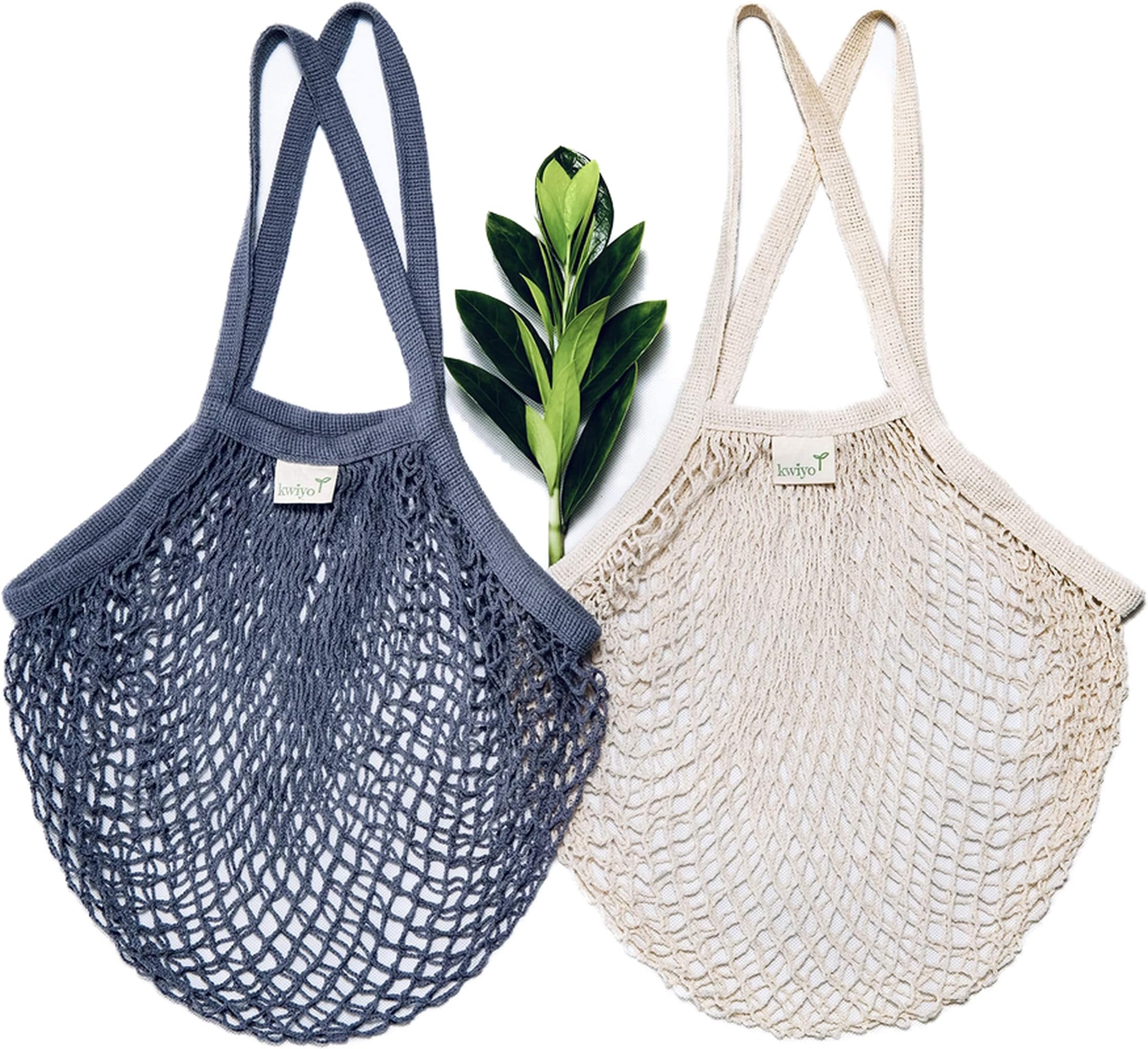 Reusable Grocery Net Bags, Cotton Mesh Tote, Farmer's Market Bags for Fruits and Vegetables, String Shopping Organizer, Storage Bag with Long Handles, 2 Packs (Beige, Gray)