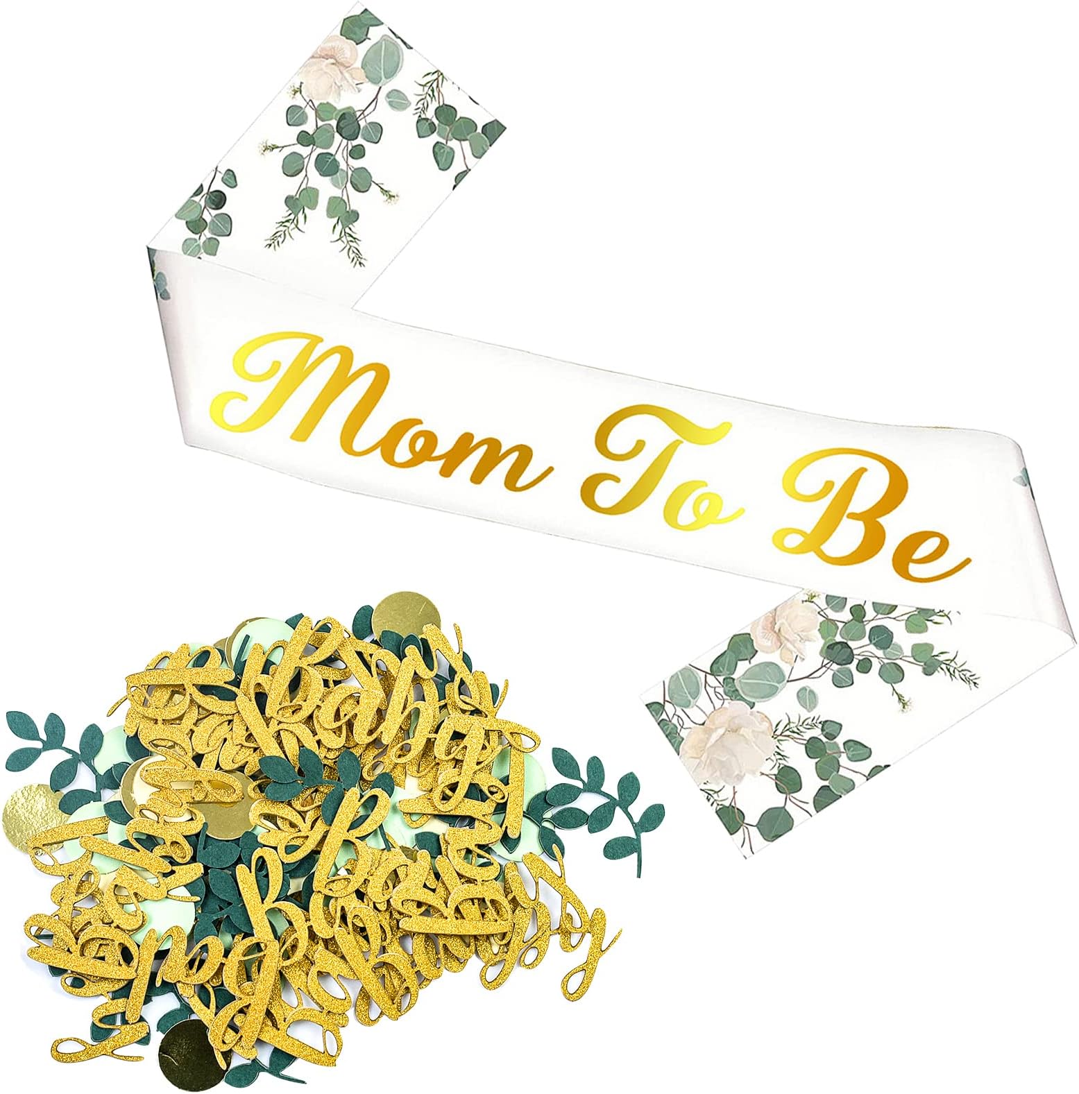 100Pcs Baby Shower Confetti Neutral Sage Green Gold Baby Shower Decorations Confetti Table Scatter Confetti with 1PC Mum To Be Sash for Baby Shower Girls Boy Baby Gender Reveal Jungle Birthday Party
