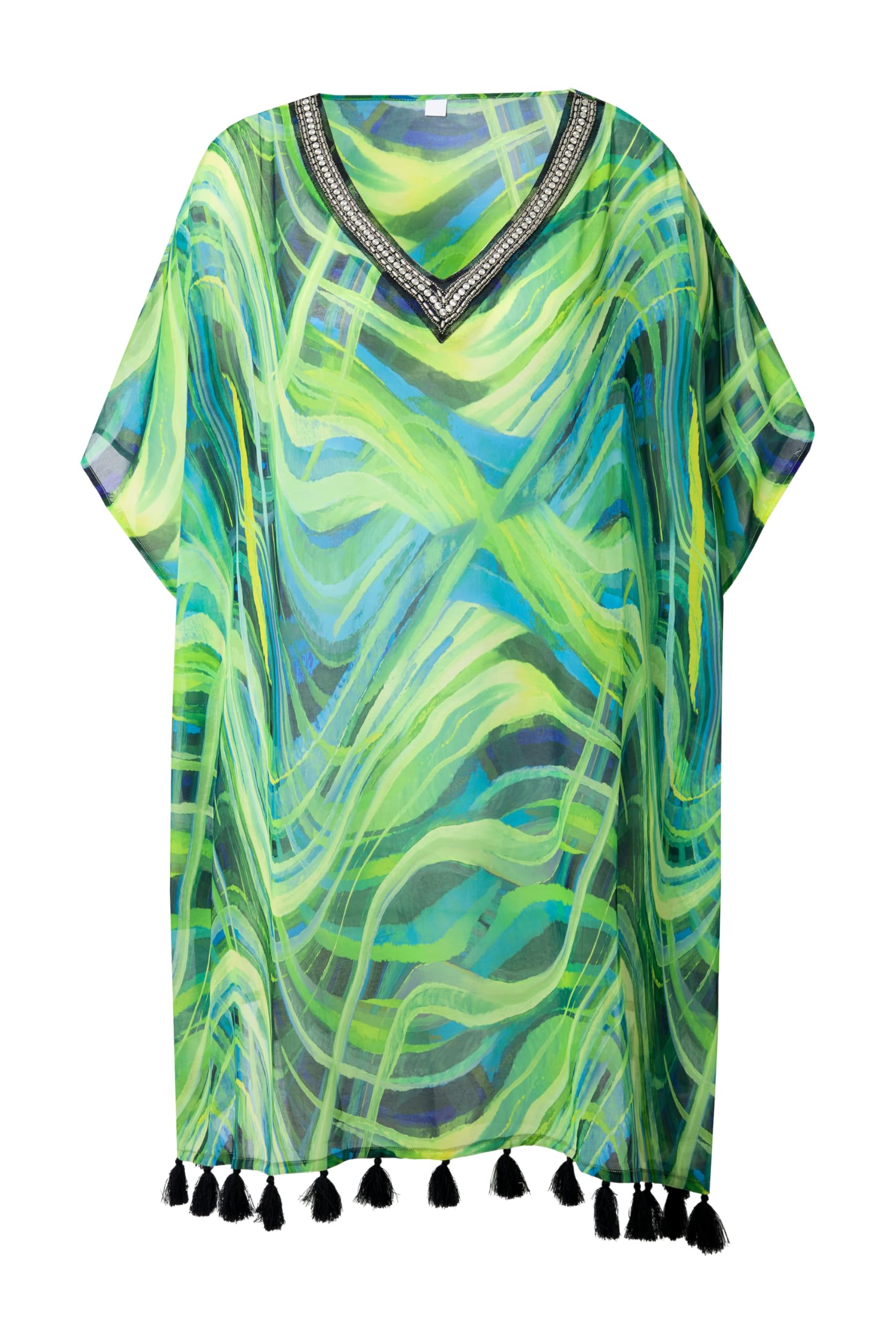 Ulla Popken Chiffon-Tunika, Wellen, Oversized, V-Ausschnitt, Halbarm Vestido Mujer