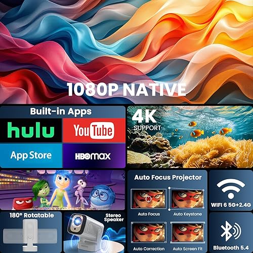 Miniatura 2 de Proyector Enfoque automático y aplicaciones nativas y integradas de 1080P Proyector 4K compatible con corrección automática WiFi 6 Bluetooth 5.4