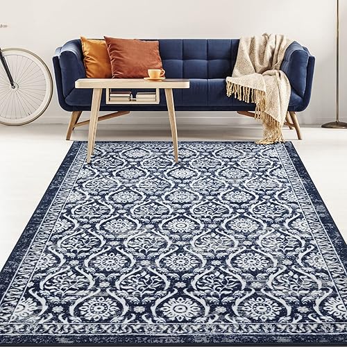 Antep Rugs Alfombras antideslizantes (antideslizante) 8 x 10 con respaldo de goma floral geométrica de bajo perfil para interiores (azul marino, 7