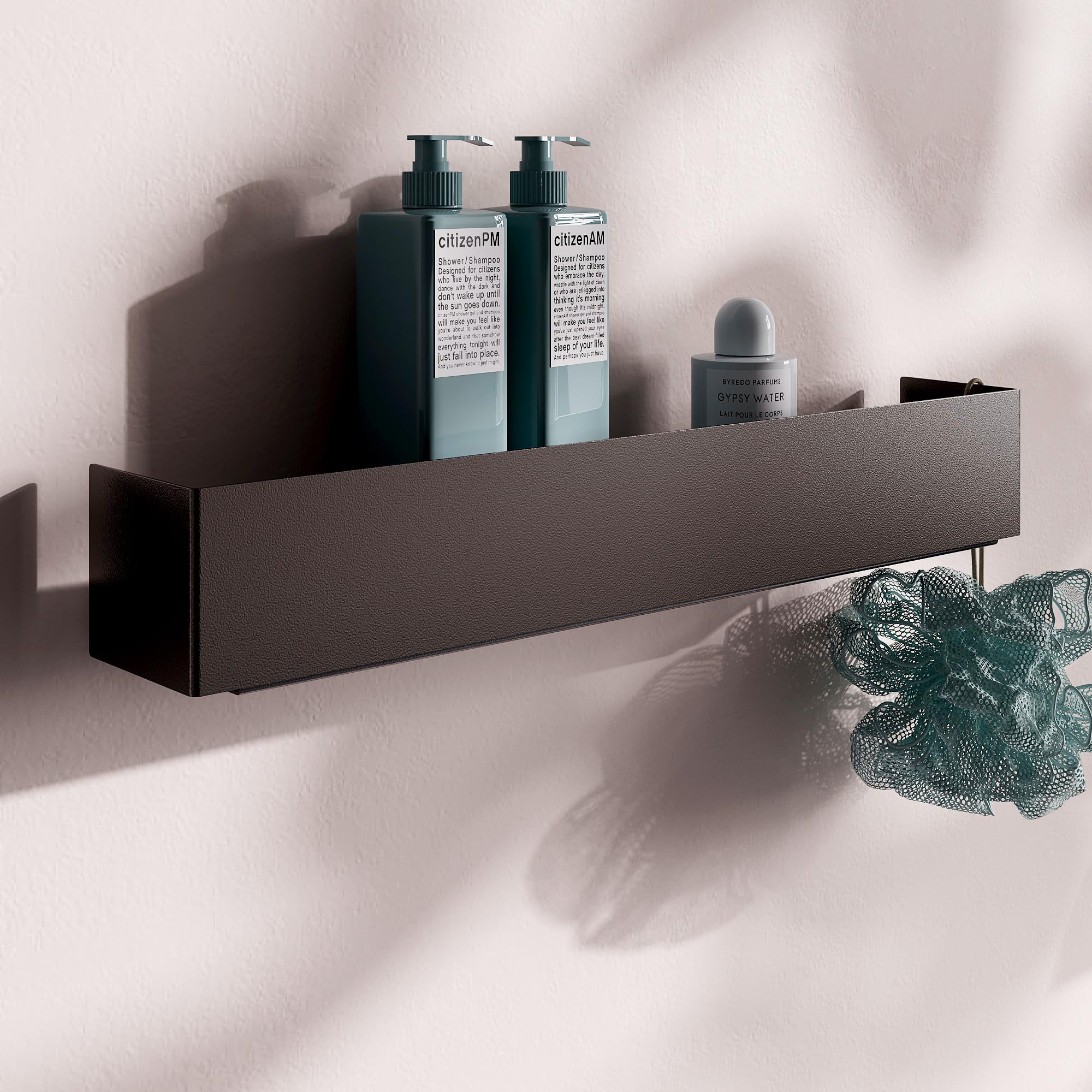 Estantería de ducha moderna negra 50x10x8 cm – Estante baño pared sin taladro o con taladro, diseño minimalista en metal con recubrimiento en polvo, resistente y elegante para baño contemporáneo