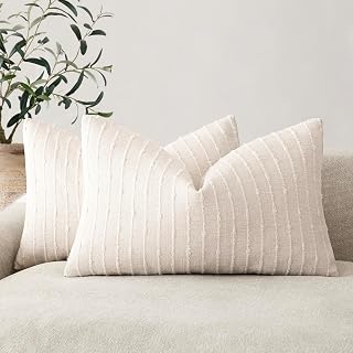 Foindtower Boho Striped Boucle Lumbar Throw Pillow Covers 12x20 Cream White