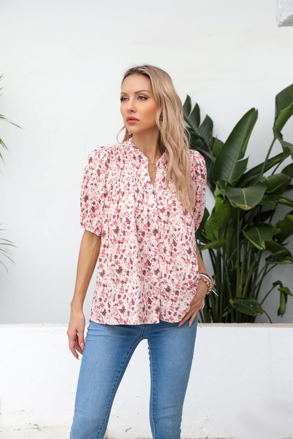 Love Welove Fashion Button Down Shirts for Women, Summer Floral V Neck Ruffle Short Sleeve Smocked Dressy Blouses Tops - Image 7