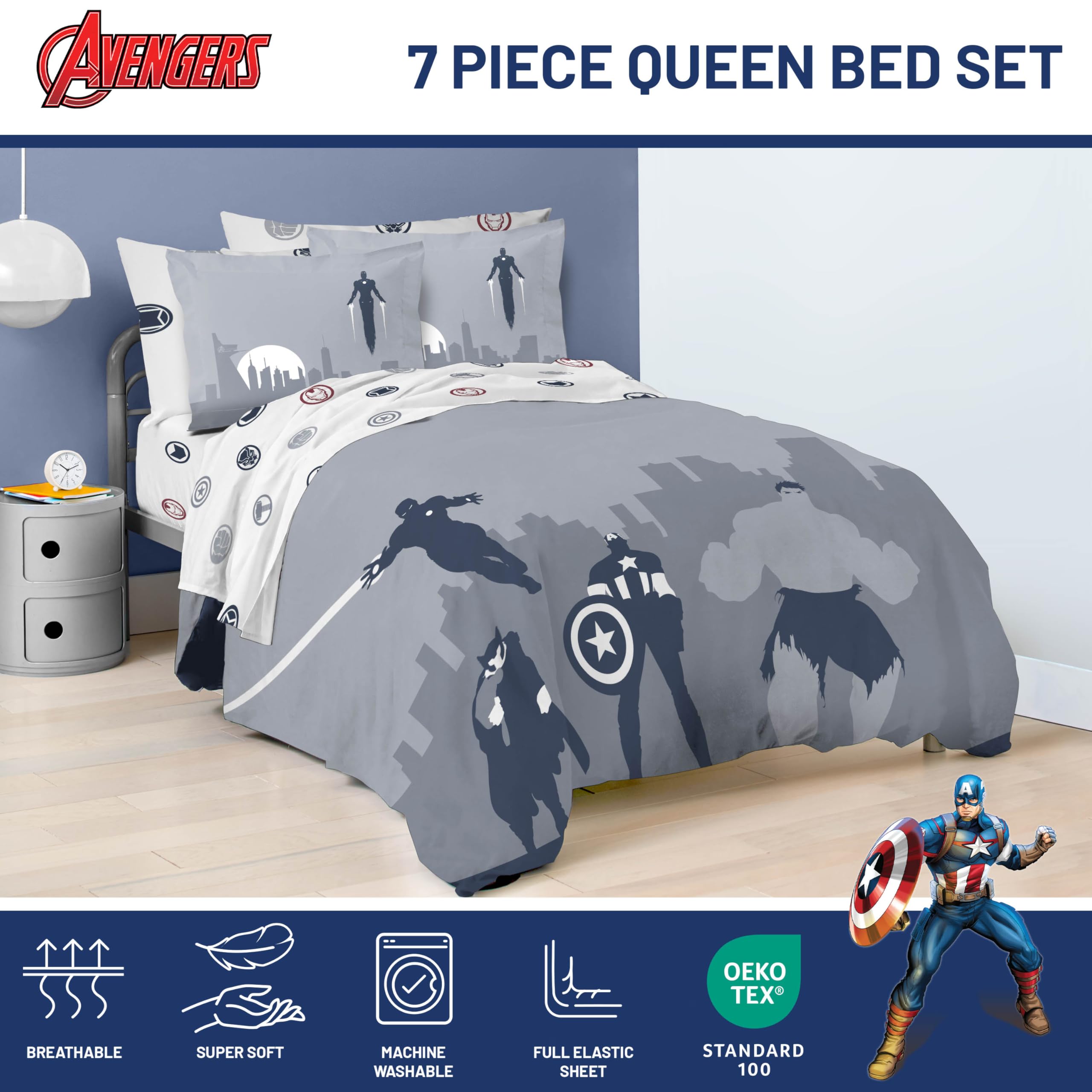 hermet Avengers Beddengoedset voor eenpersoonsbed, dekbedovertrek kussensloop, dekbedovertrek met kussensloop, dekbedovertrek 155 x 200 cm, 100% katoen, (bevat geen hoeslaken hermet Avengers Beddengoedset voor eenpersoonsbed, dekbedovertrek kussensloop, dekbedovertrek met kussensloop, dekbedovertrek 155 x 200 cm, 100% katoen, (bevat geen hoeslaken