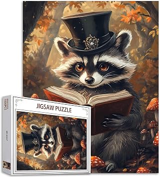 Raccoon Reading Book 1000 Piece Jigsaw Puzzles for Adults Animals Jigsaw Puzzle for Challenging Family Activity Game DIY Mushrooms Artwork Puzzle for Home Decoration Gifts 20x27 Inches