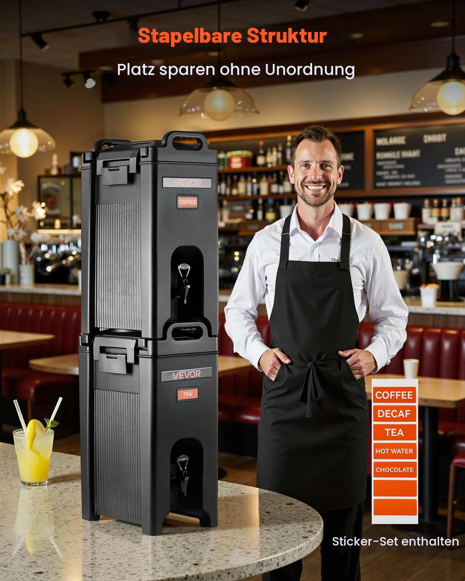 VEVOR isolierter Getränkespender 19 L, Heiß- und Kaltgetränkespender mit Zapfhahn & Griff, lebensmittelechter Thermo-Getränkespender-Kühler für Tee Kaffee Wasser in Cafés und Restaurants, Schwarz