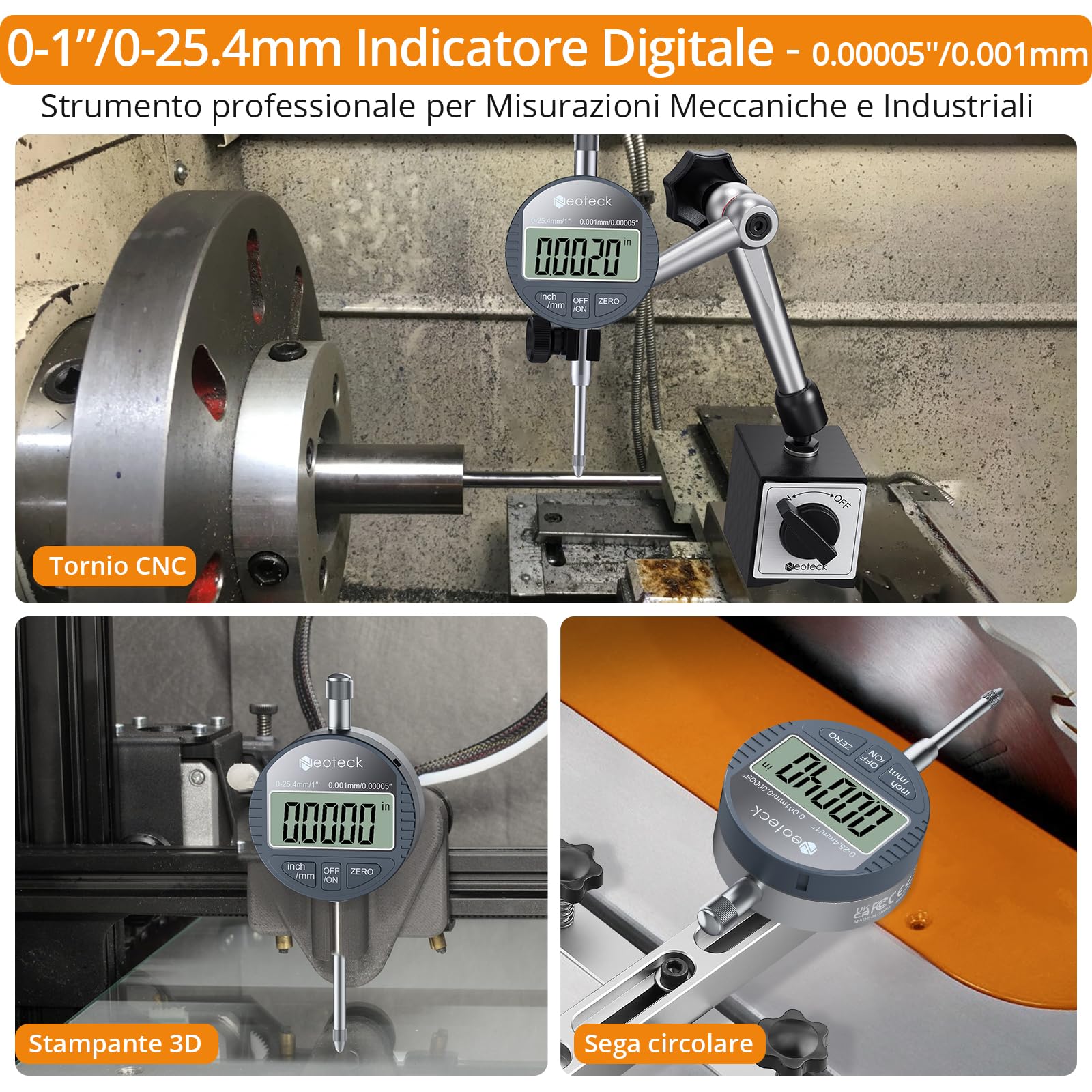 Neoteck Kit Millesimale Professionale: Comparatore Digitale 0.001mm + Base Magnetica 80kg, Indicatore di Precisione 0.001mm con Display LCD, Funzione Zero per Officina CNC