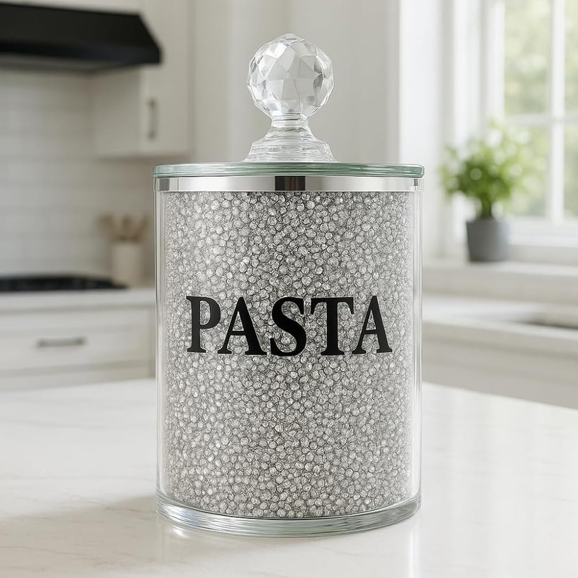 Bmlimited Silver Bml Crushed Crystal Diamond Pasta Jar With Sparkly Mirror Lid Elegant Kitchen Storage Glam Home Decor And Gift For All Occasions