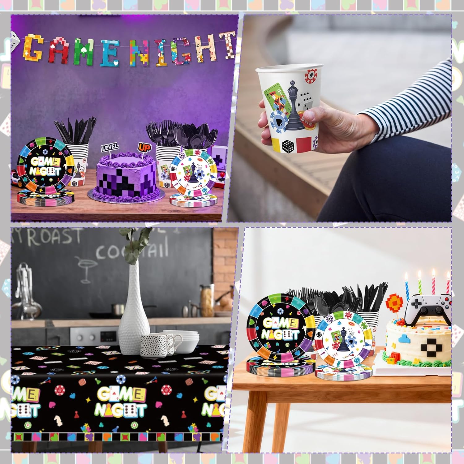 170Pcs Family Game Night Party Decorations Tableware, Disposable Game Night Decorations Plates Napkins Cup Banner Tablecloth, Board Games Party Decorations for Birthday, Serves 24