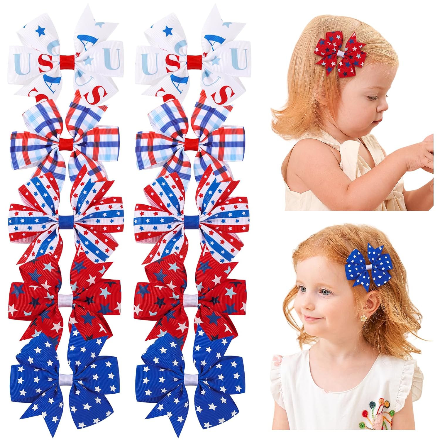 choicbaby 10PCS 4th of July Hair Bows for Girls 3" Patriotic USA Red White Blue Grosgrain Ribbon Toddler Hair Clips Independence Day Barrettes Hair Accessories for Baby Girls Toddler Kids