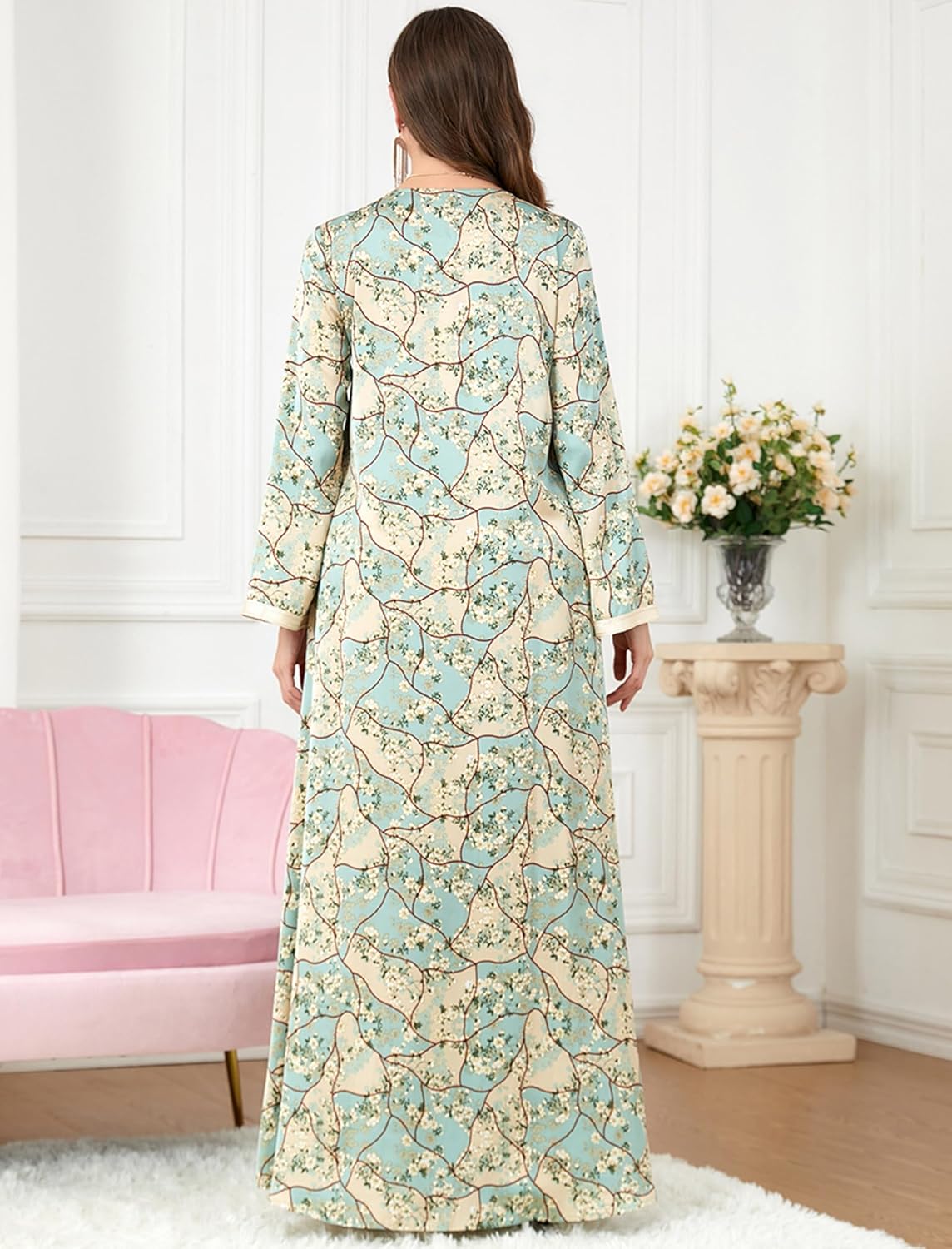 FYMNSI Abaya Dress for Women Muslim Modest Maxi Robe Floral V Neck Eid Prayer Dresses Dubai Clothing Arabian Islamic Kaftan - Image 6