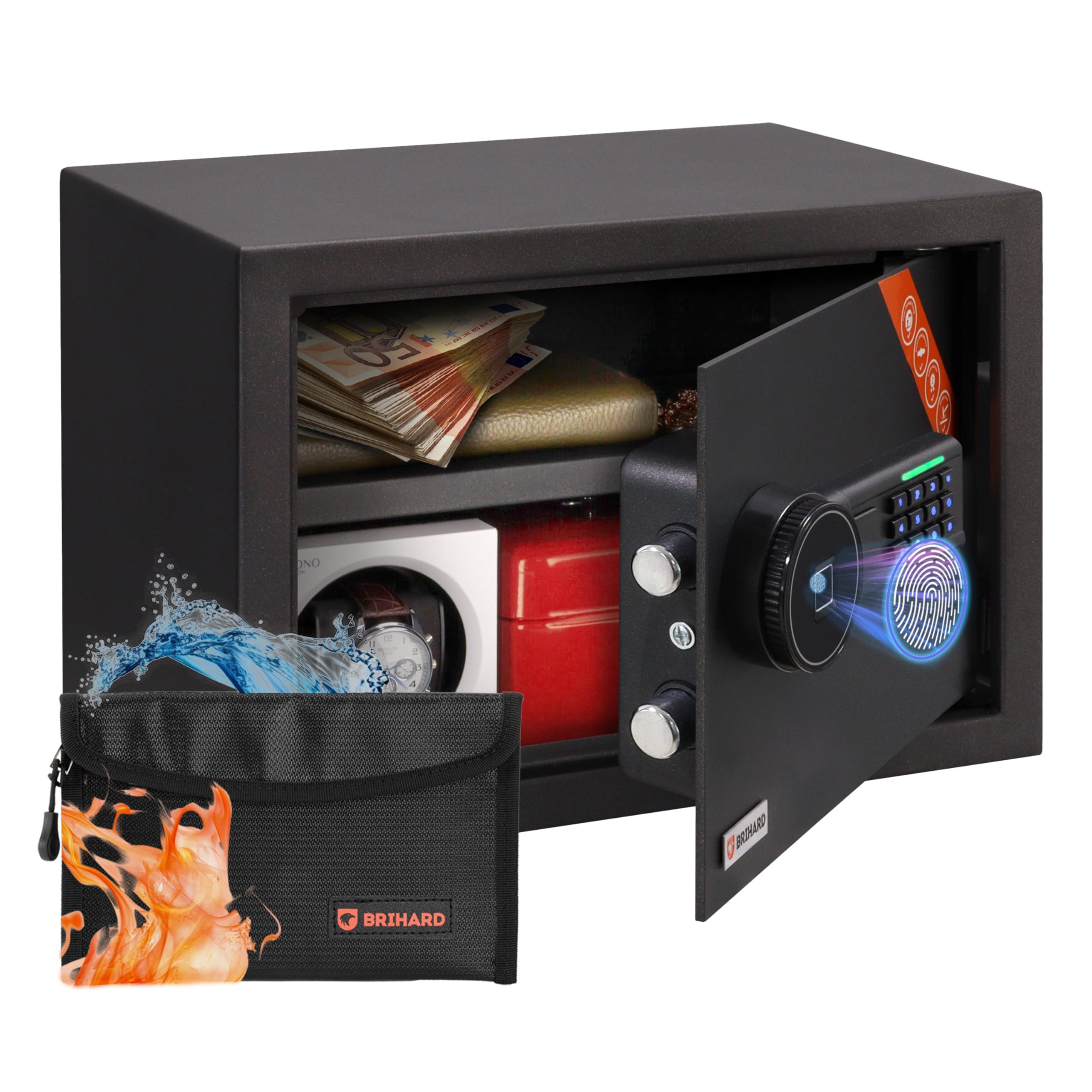 Family Biometric Safe 25x35x25cm, Black Steel, Fingerprint & Digital Keypad, Fireproof Money Bag, 20L Capacity