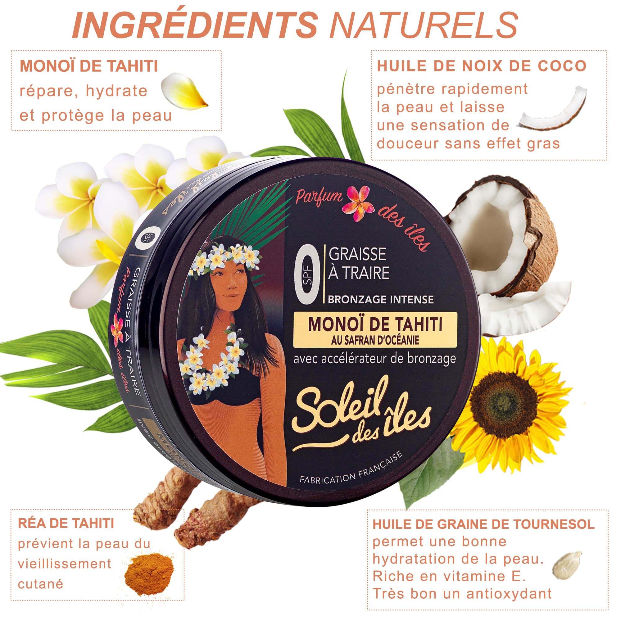 Soleil des Iles | Smar do doju Monoi de Tahiti + Rea, akcelerator opalania, wodoodporny, perfumy wysp, wyprodukowano we Francji