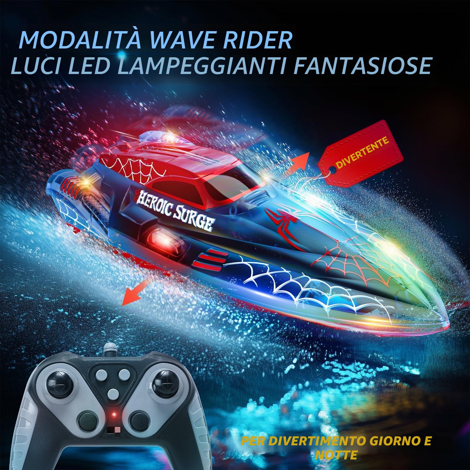 DEERC Barca telecomandata da 13 pollici per bambini, barca ragno RC da 2,4 GHz con luci a LED per piscine e laghi, giocattolo estivo acquatico regalo per ragazzi 8-12, 2 batterie