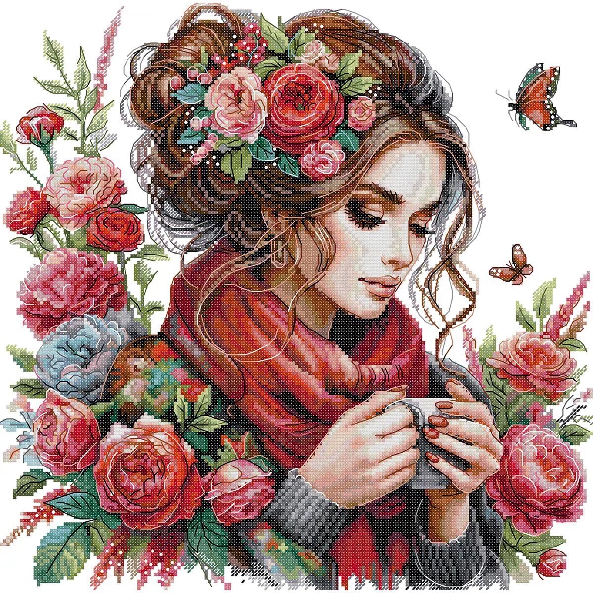 CROSSDECOR Stamped Cross Stitch Kits for Adults Printed Cross-Stitch Supplies 14CT 2 Strands Needlepoint Kits for Beginners DIY Embroidery Kit Festal Crafts-Beauty 40×40 cm