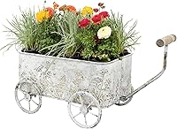 Zokyntrix White Metal Flower Cart with Wooden Handles - Vintage Wagon Planter for Garden Patio Balcony Plants