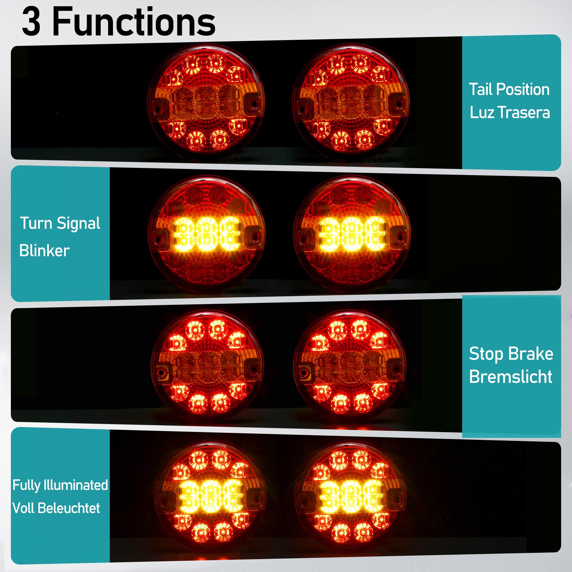 2 x Fanali Posteriori Rimorchio LED Rotondo - IP67 Impermeabile, 12V/24V Universale, Alta Luminosità, Omologati ECE - Per Rimorchio Agricolo Nautico, Camion, Barca