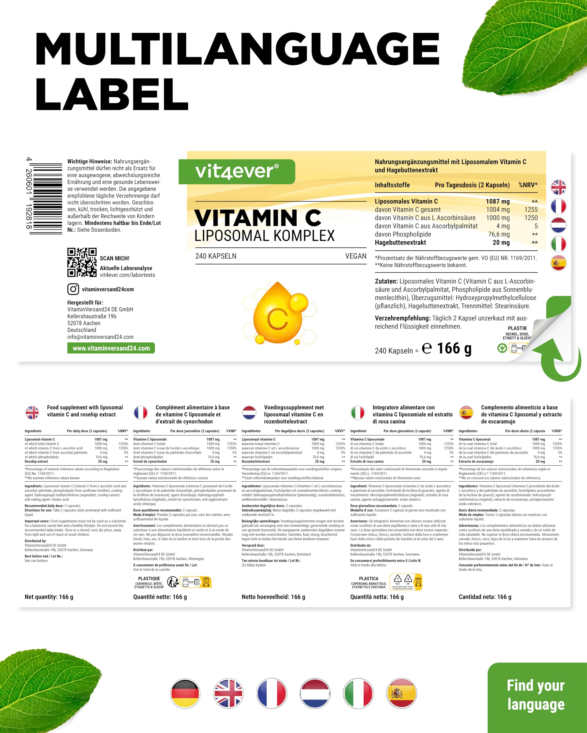 vit4ever Liposomales Vitamin C - 240 vegane Kapseln - Premium: Hochdosiert mit 1000mg reinem Vitamin C pro Tag - Besonders hohe Bioverfügbarkeit | Liposomale Form, hohe Bioverfügbarkeit, hochdosiert, vegan