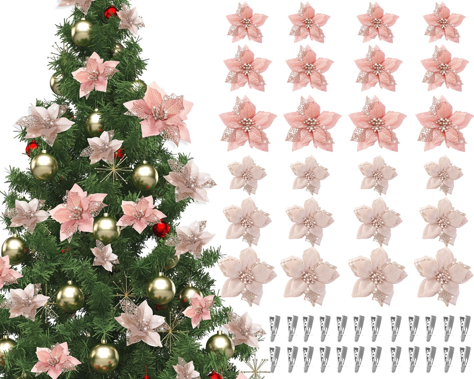 Toyandona - 12 fiori artificiali con brillantini per Natale e Natale, con clip e steli, decorazione per albero di e, per feste di Capodanno, colore: Oro