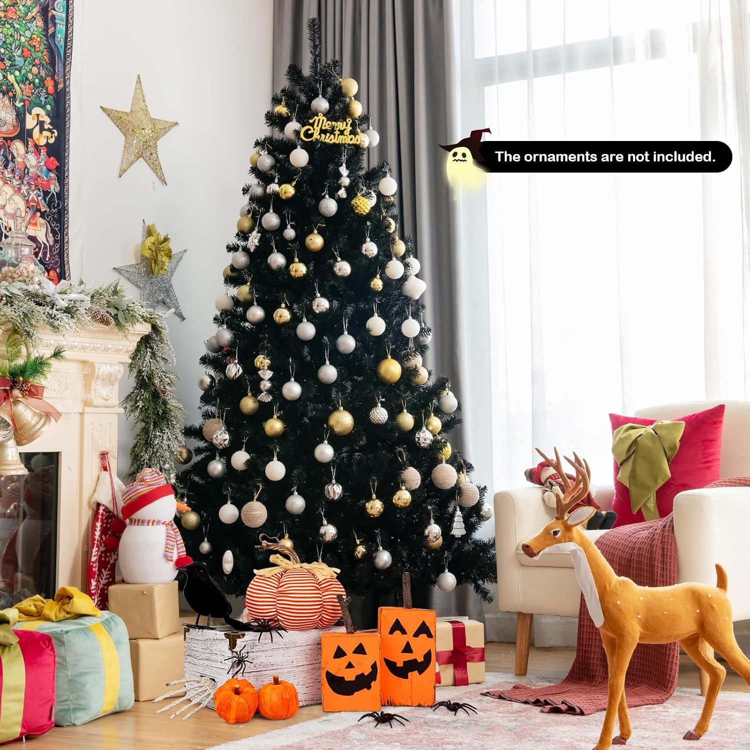 DORTALA Black Pre-lit Christmas Tree, 7FT Artificial Xmas Tree with 500 Purple LED Lights, 1096 Branch Tips, Foldable Metal Stand, Holiday Halloween Tree for Home Party