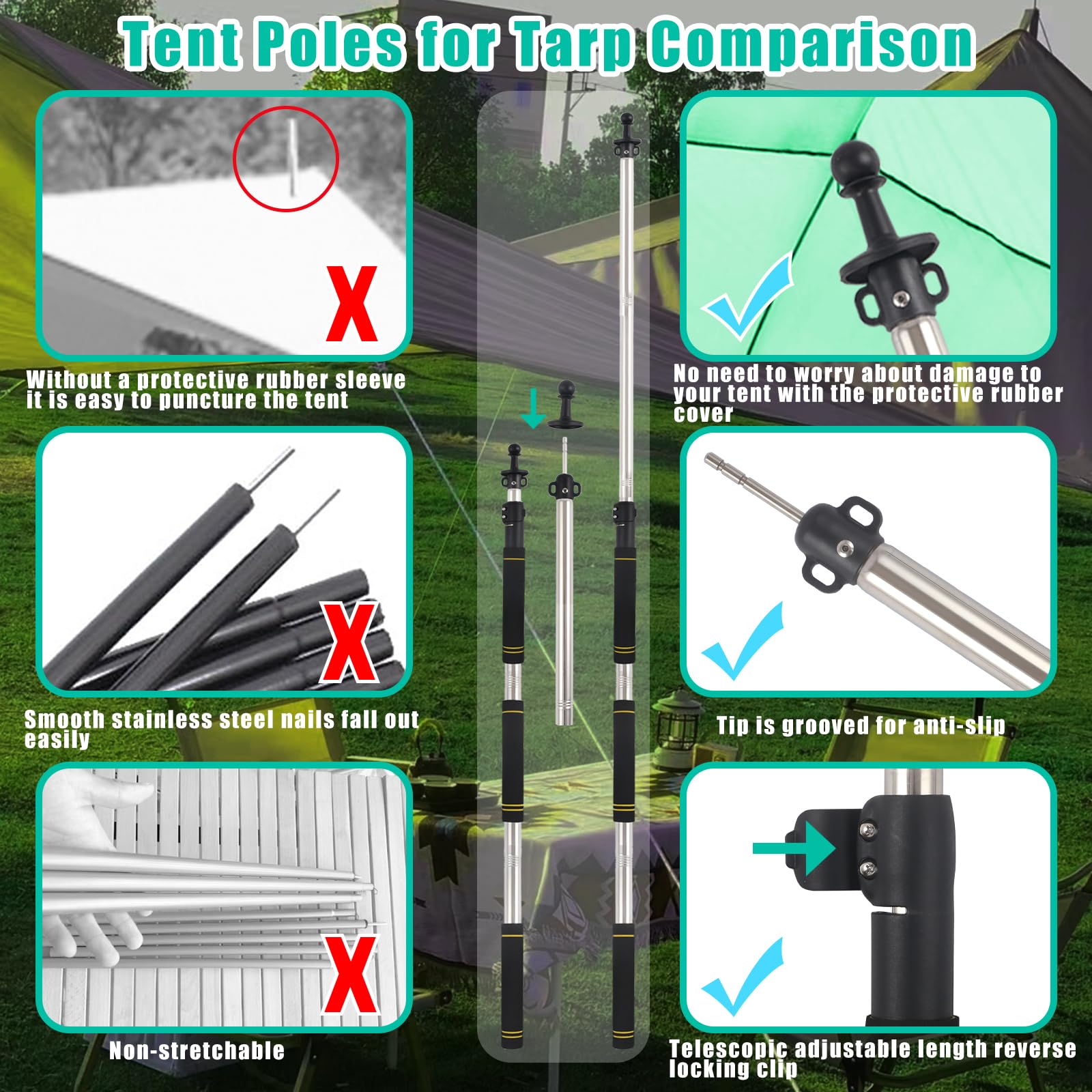 Amazon.com : Frebuta Tarp Poles,Tent Poles Set of 2 2Ft to 6Ft Replacement  Canopy Poles Heavy Duty Telescoping Tent Poles for Tarp Outdoor Camping  Awning Poles Adjustable Sturdy Durable Shade Cloth Poles,