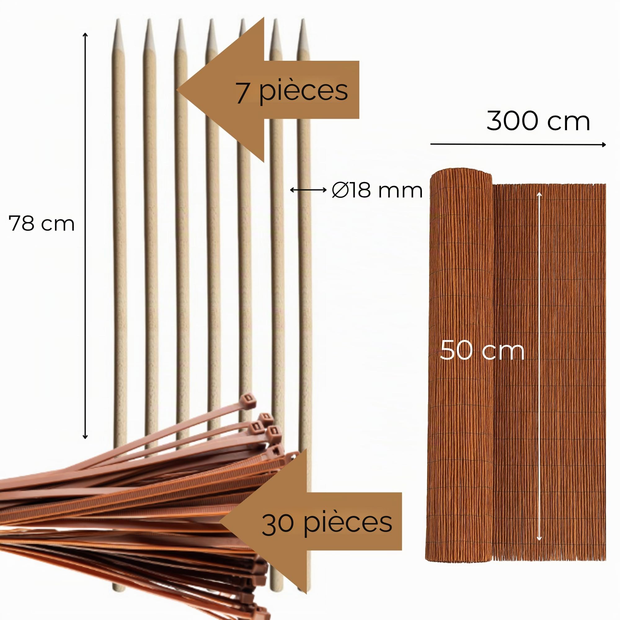 Clôture en Osier 50x300 cm avec 7 Piquets en Bois Ø18 mm et 30 Colliers – Canisse Osier Brise Vue Jardin Terrasse Balcon